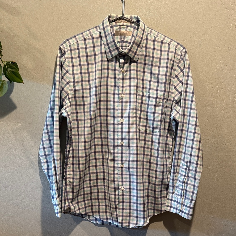 Nordstrom Trim Fit Blue and White Gingham 100% Cotton Button Down Dress Shirt